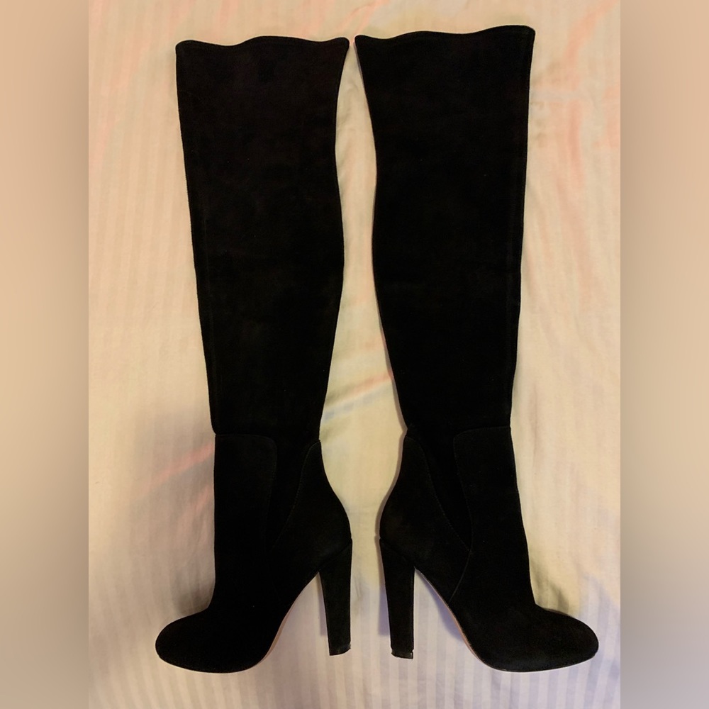 MARCIANO black suede leather OTK high boots. Elegant with non-chunky block heel.